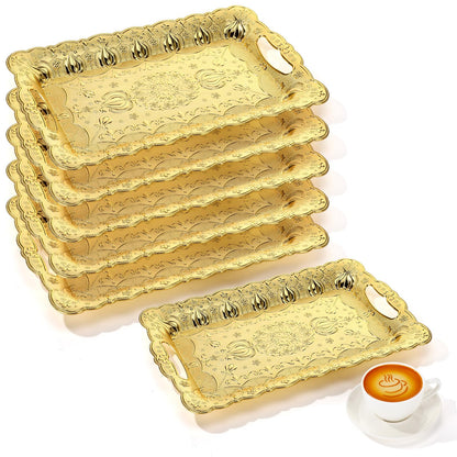 LemonRoad 6 Packs Plastic Gold Serving Trays with Handles 17 x 11 inch Retro 3D Embossed Rectangle Reusable Party Snack Decorative Serving Trays for Tea Coffee Fruit Dessert