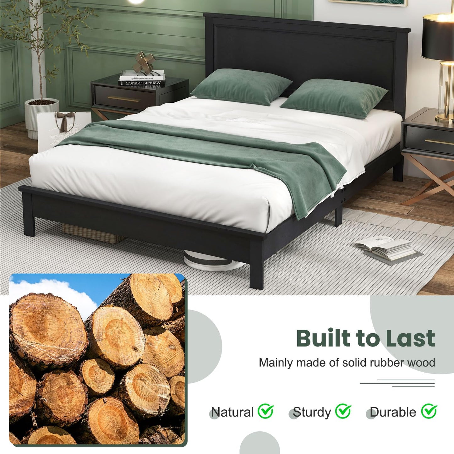 Giantex Wood Queen Platform Bed Frame with Headboard, Mid Century Bed Frame with Solid Wood Legs & Wooden Slat Support, Pallet Bed Mattress Foundation, No Box Spring Needed, Black