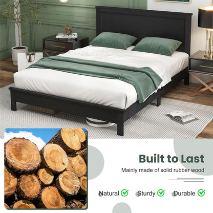 Giantex Wood Queen Platform Bed Frame with Headboard, Mid Century Bed Frame with Solid Wood Legs & Wooden Slat Support, Pallet Bed Mattress Foundation, No Box Spring Needed, Black