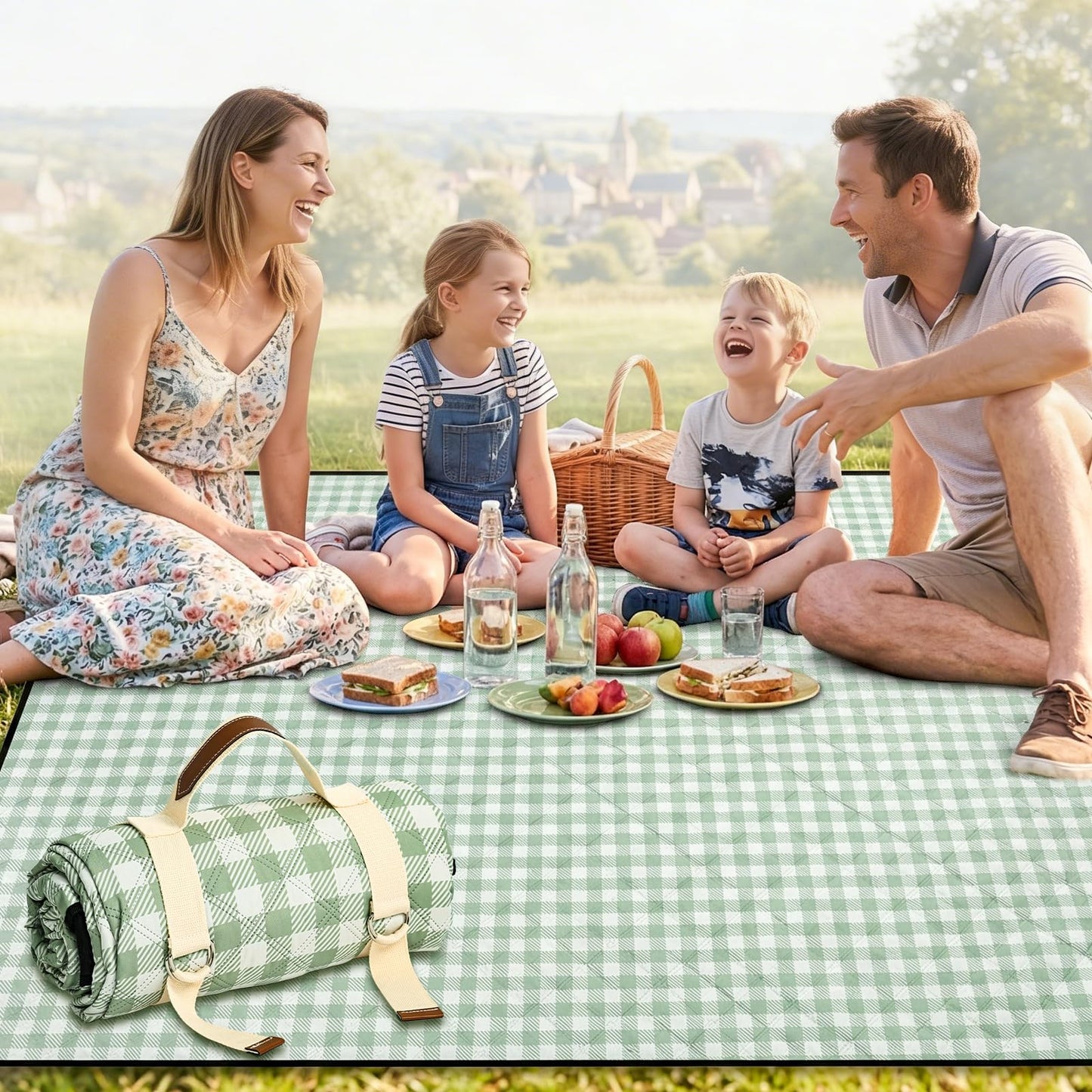 Extral Large Outdoor Waterproof Picnic Blanket With Shoulder Strap, 80"X80" 3-Layer Windproof Foldable Picnic Mat with Corner Nails, Machine Washable, Camping, Lawn Park Grass, Travel, Beach, Green