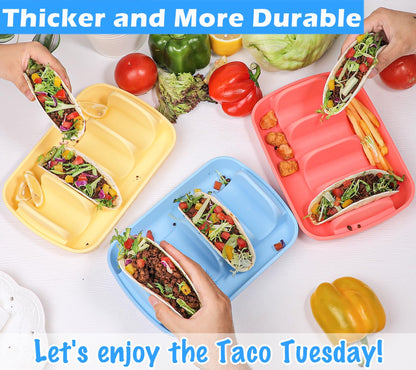 Webake 3 Packs Extra Strong Silicone Taco Holder 5mm Thickness, BPA Free & Macrowave Safe, 9.8" Large Reusable Divided Taco Plates, Effortlessly Portable & Dishwasher-Safe