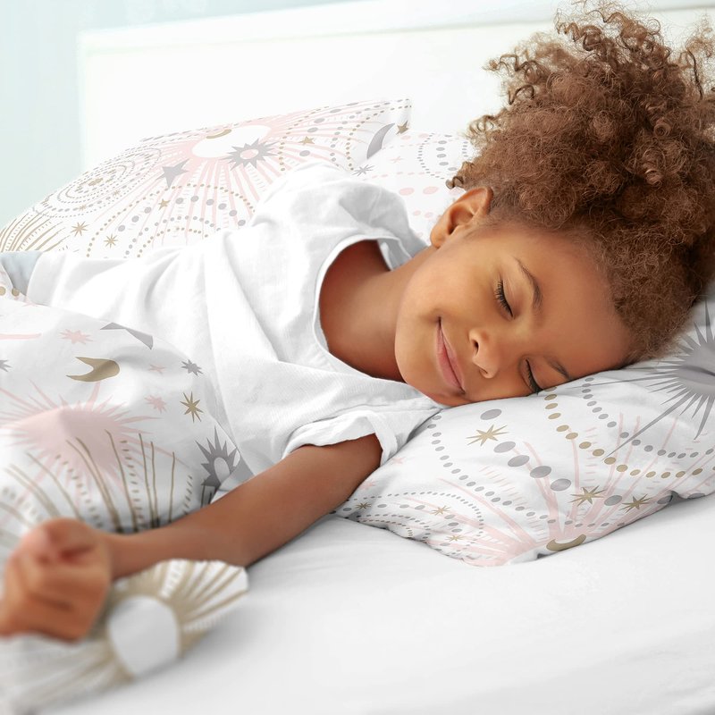 Sweet Jojo Designs Blush Pink, Gold, Grey and White Star and Moon Celestial Girl Full/Queen Kid Childrens Bedding Comforter Set 3 Pieces
