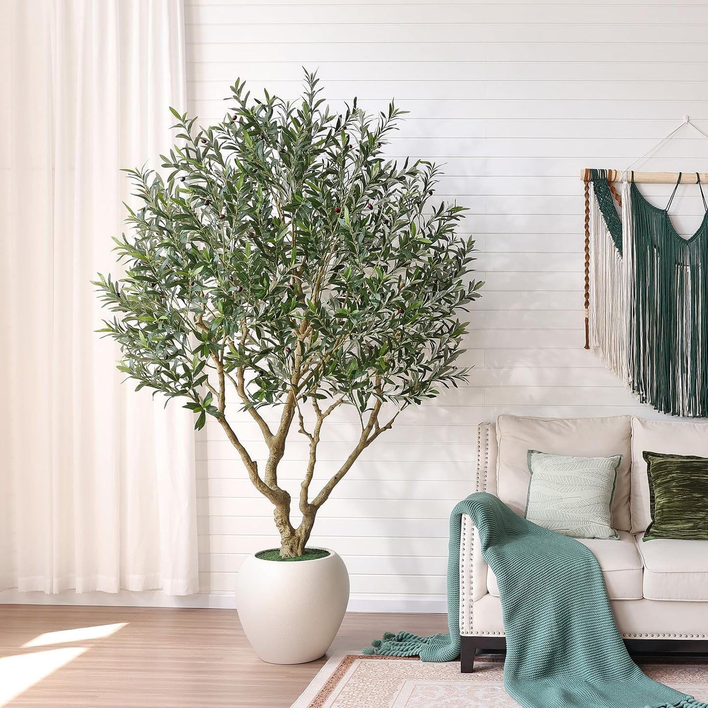 Verinatural Olive Tree Artificial Indoor, 8FT Tall Faux Olive Tree with 18in White Planter, Artificial Plants with Natural Wood Trunk and Lifelike Fruits for Home Office Decor,VN205