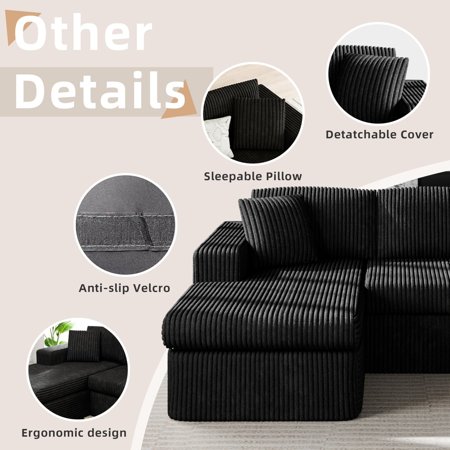 Shintenchi 105" Modular Sectional Sofa, Boneless L Shaped Couch with Deep Seat, Cloud Foam Couch with Oversized Chaise, Plush Corduroy Sofa No Assembly Needed for Living Room, Black