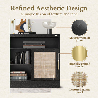 Perledesign Rattan File Cabinet with Door, 32'' Lateral File Cabinet with Open Adjustable Shelves, Wood Filing Cabinet with Sliding Door for Home Office, Black