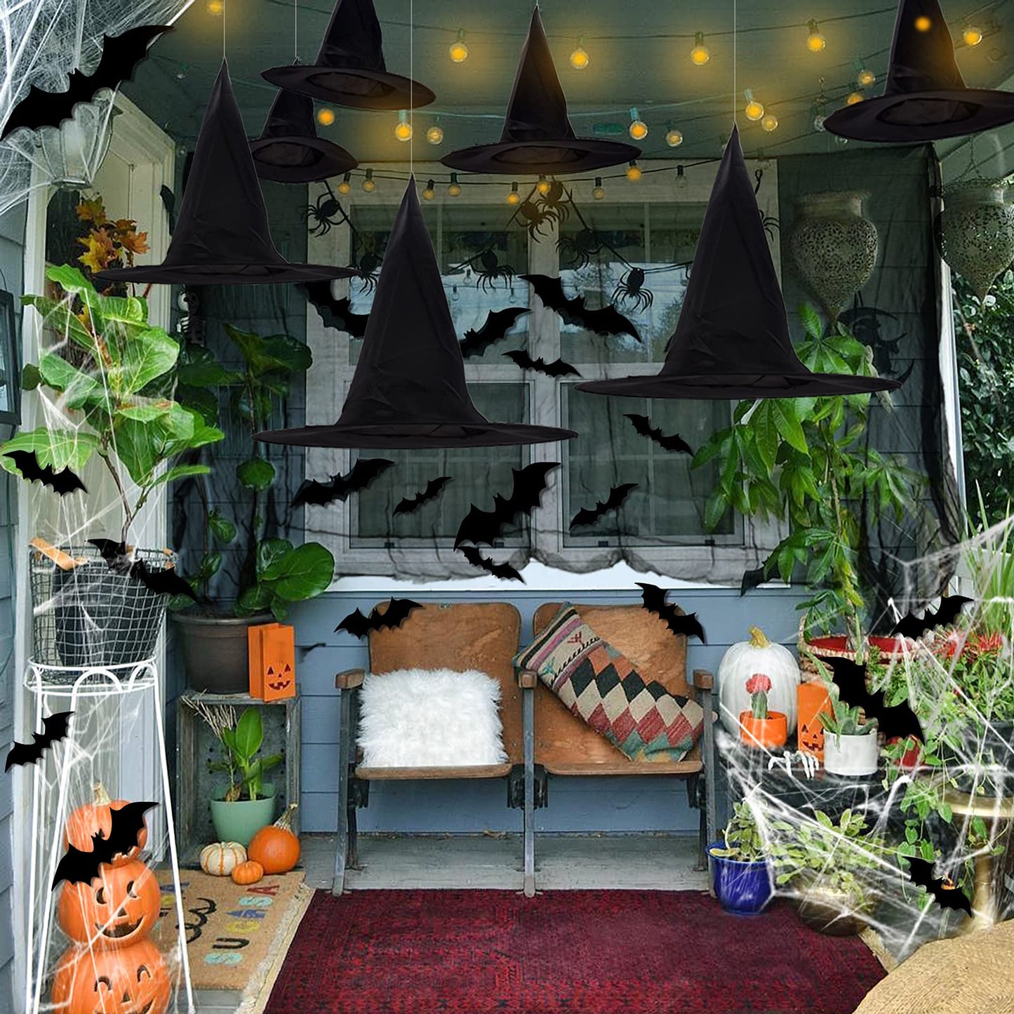 LINAYE Halloween Witches Hat XL Kit - 8 PCS Black Witch Hats with Hanging Rope,16 PCS 3D Bat,Spider Web,Creepy Cloth Halloween Hanging Decoration Decor Wizard Hats
