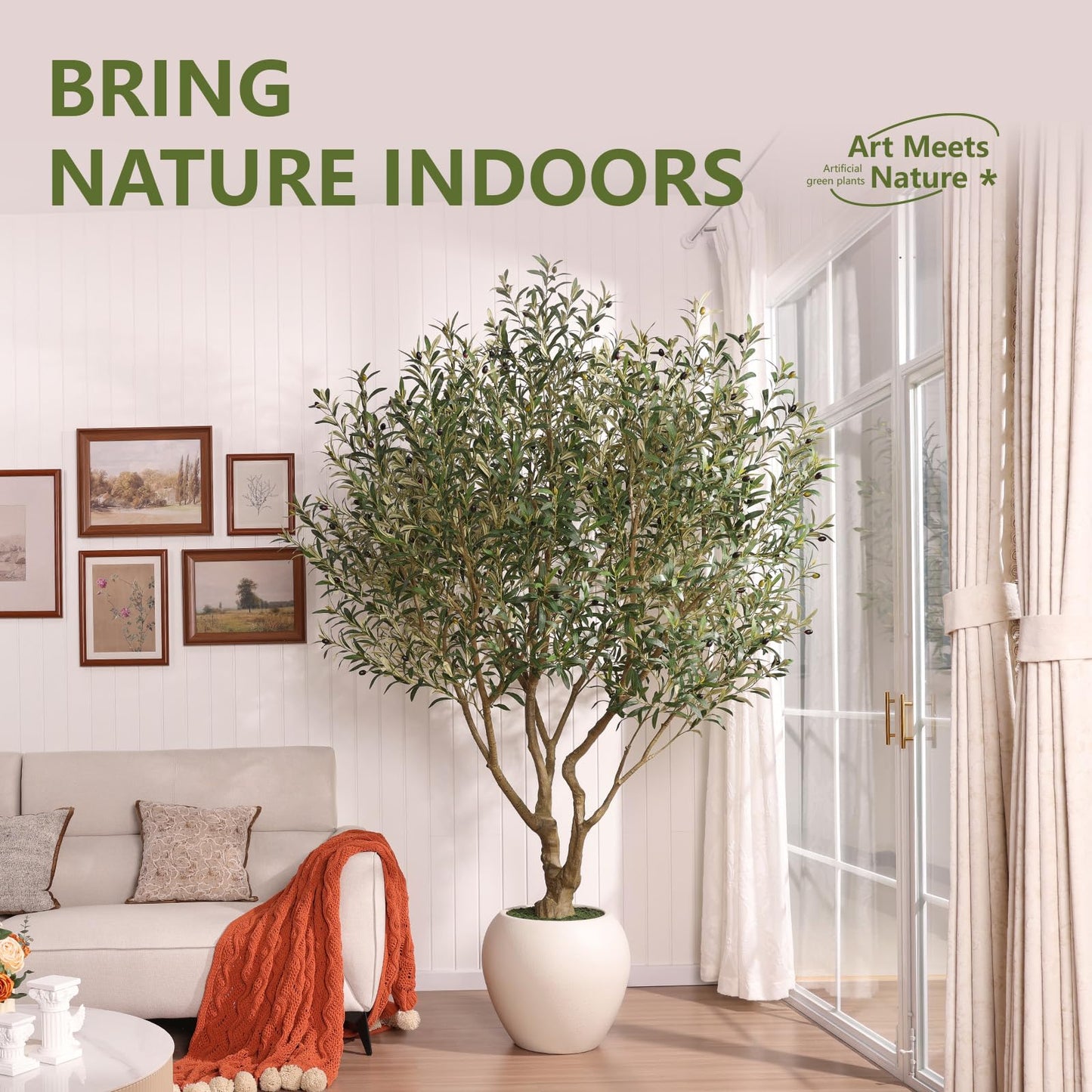 VeriNatural Artificial Olive Tree 8FT Faux Plant Home Decor - Large White Pot with Lifelike Silk Leaves, UV Resistant & No Maintenance - Indoor Outdoor Fake Tree for Modern Office Living Room,VN206