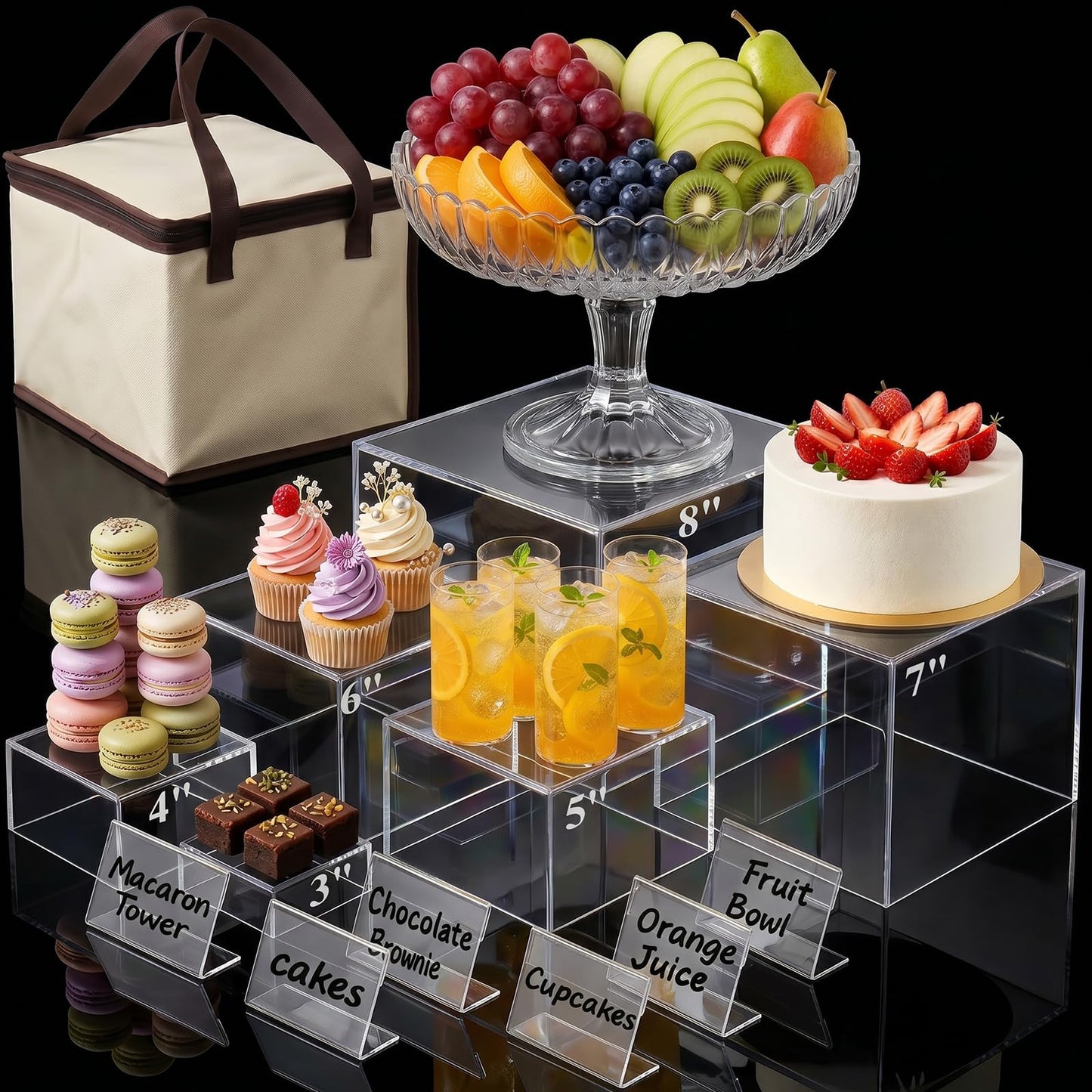 DomeStar 6PCS Clear and White Buffet Risers with Mini Sign, Food Risers Dessert Table Display Set for Buffet Table Party Catering Cupcake Cake Jewelry, Nesting Boxes for Food Display 8" 7" 6" 5" 4" 3"