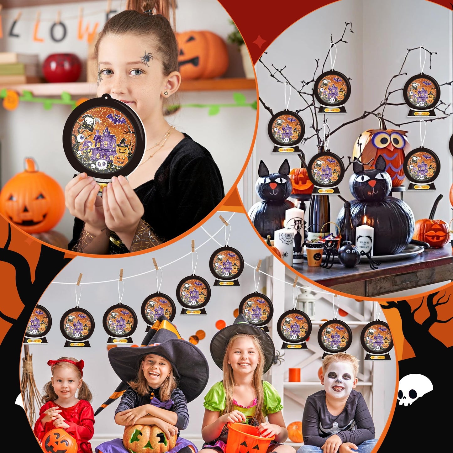 WATINC Halloween Snow Globe Craft Kit - DIY EVA Ghost Pumpkin Scene Crystal Ball Hanging Ornament with Glitter Sequins Sugar Paper, Trick-or-Treat Skeleton Black Cat Party Favor for Home School(24Pcs)