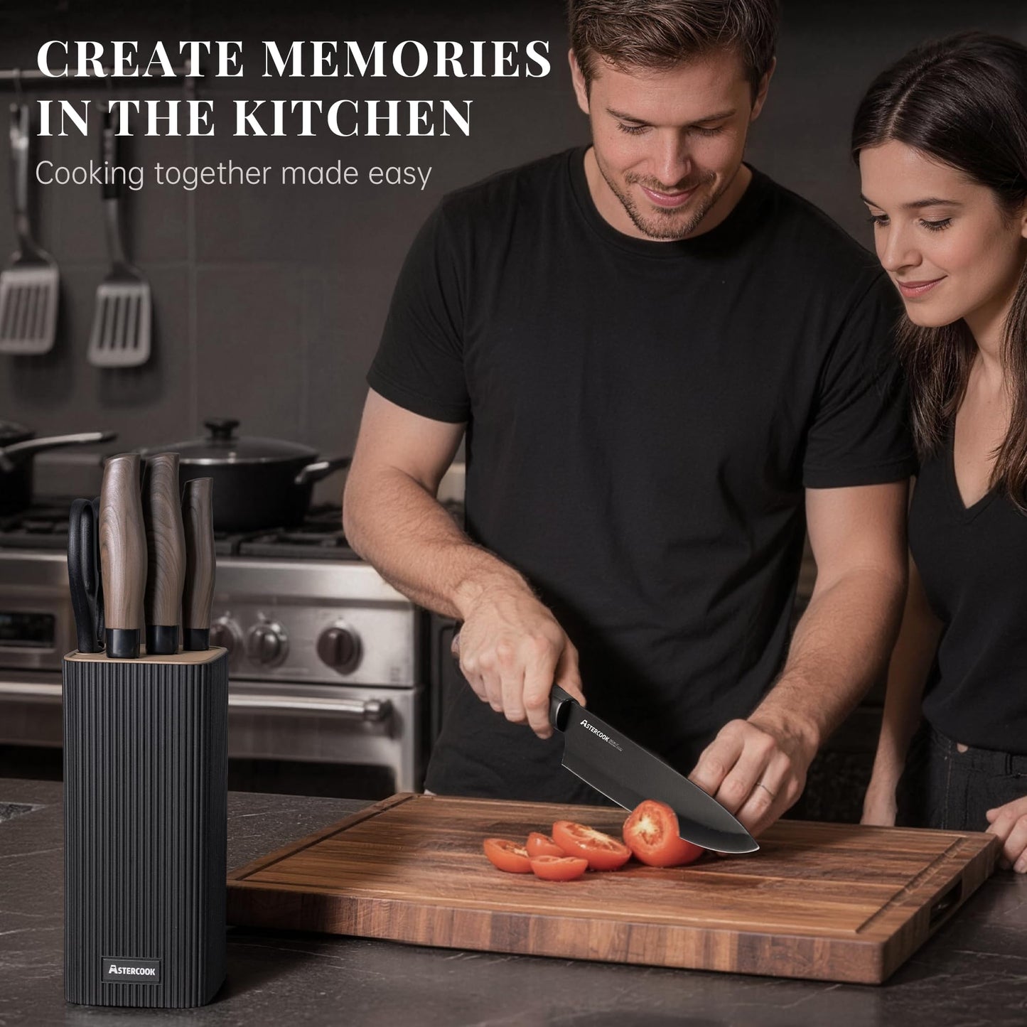 Astercook Knife Set, 6-Piece Kitchen Knife Set with Block, High Carbon Stainless Steel Ultra Sharp Kitchen Knives, Wood Grain Handle, Dishwasher Safe Knife Block Set, Black, Mothers Day Gifts