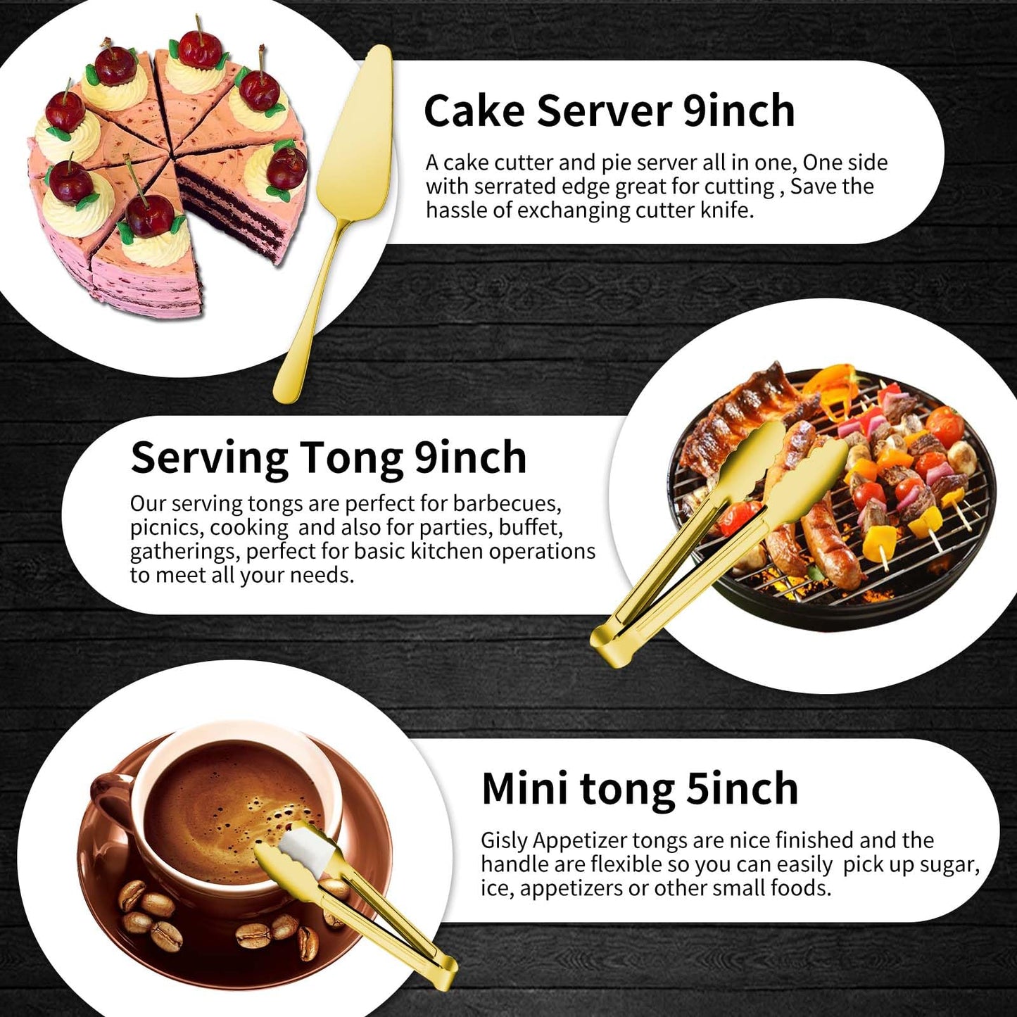 Gisly Gold 12 Pieces Serving Utensils Include Large Serving Spoons,Slotted Serving Spoons,Serving Forks,Serving Tongs,Appetizers Tongs,Soup Ladle and Pie Cake Server for Buffet Catering