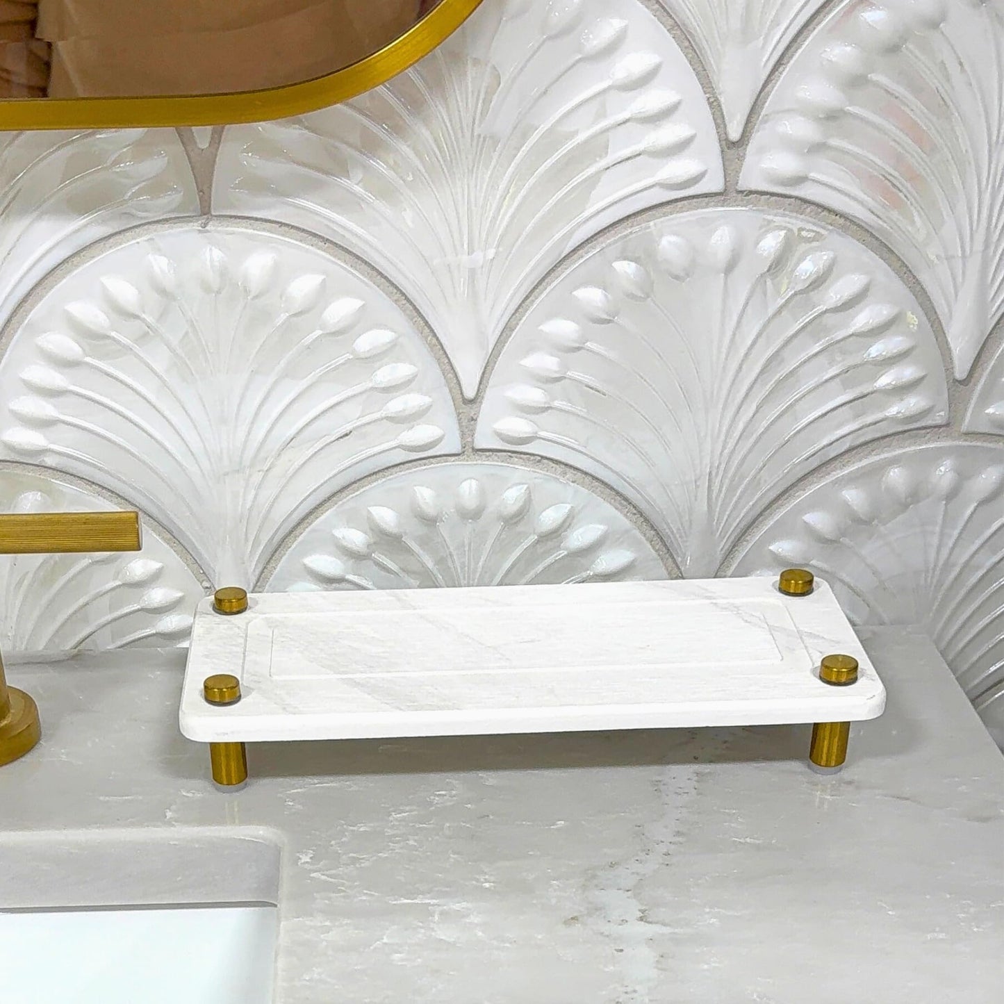 Fast Drying Stone Sink Caddy Made of Diatomaceous Earth | Water Absorbing Stone Tray for Bathroom | Instant Dry Sponge Holder for Kitchen Sink New Longer Size (Marble print on white diatom)