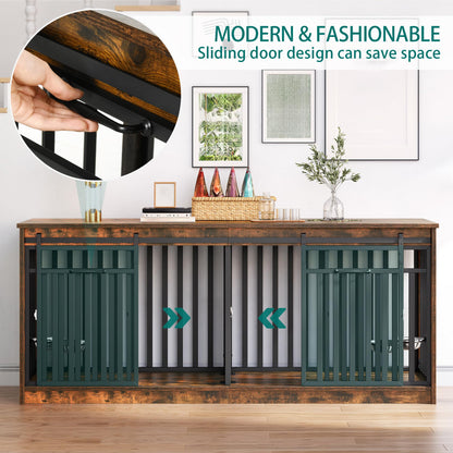 YITAHOME 71" Double Dog Crate Furniture with 4 Dog Bowls, Heavy Duty Wooden Dog Crate TV Stand, Dog Kennel Indoor Furniture Sliding Barn Door Design for Extra Large Dogs, Rustic Brown