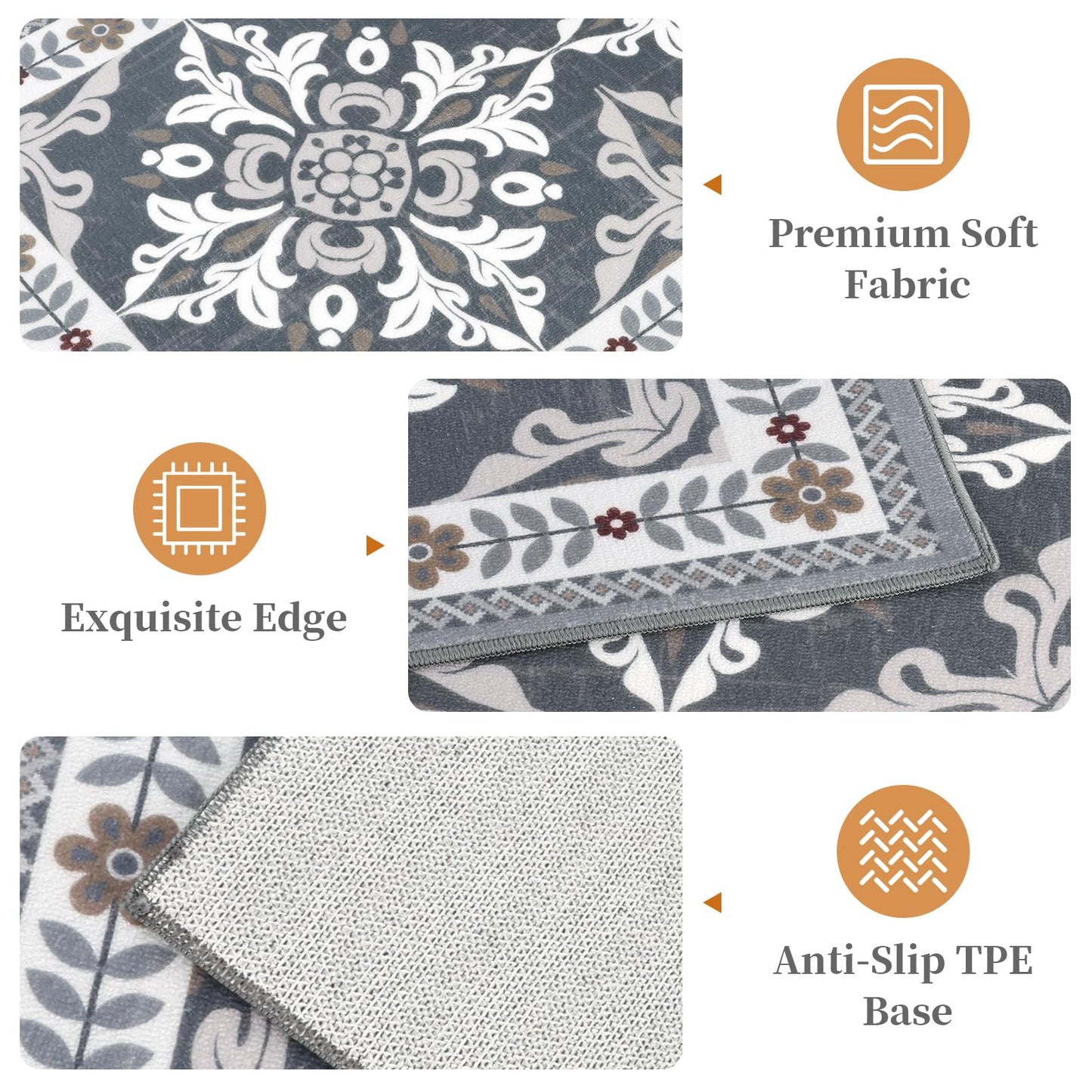 DailyCuddles 3-Piece Kitchen Rugs, Non-Slip & Washable Floor Mats, Water-Absorbent Area Pad, Standing Desk Mat for Office, Home, Doorway, Laundry, Kitchen Accessories (Grey)