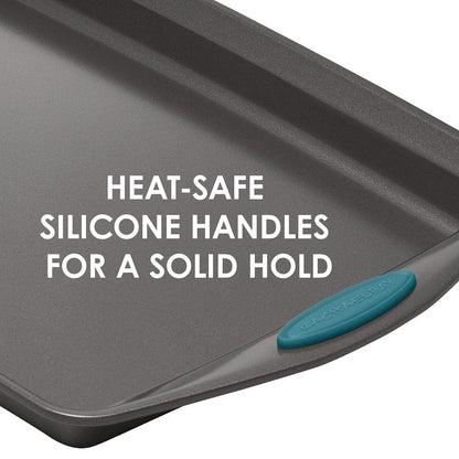 Rachael Ray 47021 Nonstick Bakeware Set with Grips includes Nonstick Baking Pans, Baking Sheet and Nonstick Bread Pan - 5 Piece, Gray with Marine Blue Handles