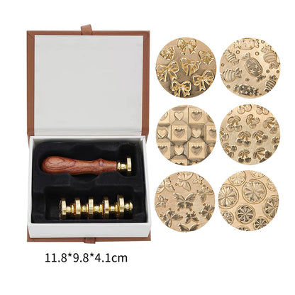 DBEFTLI 6-Piece Cute Wax Seal Stamp Set – Full-Coverage Pattern Collection with Solid Brass Heads & Wooden Handle – Kawaii Candy Cherry Butterfly Designs for Cards, Envelopes & DIY Crafts