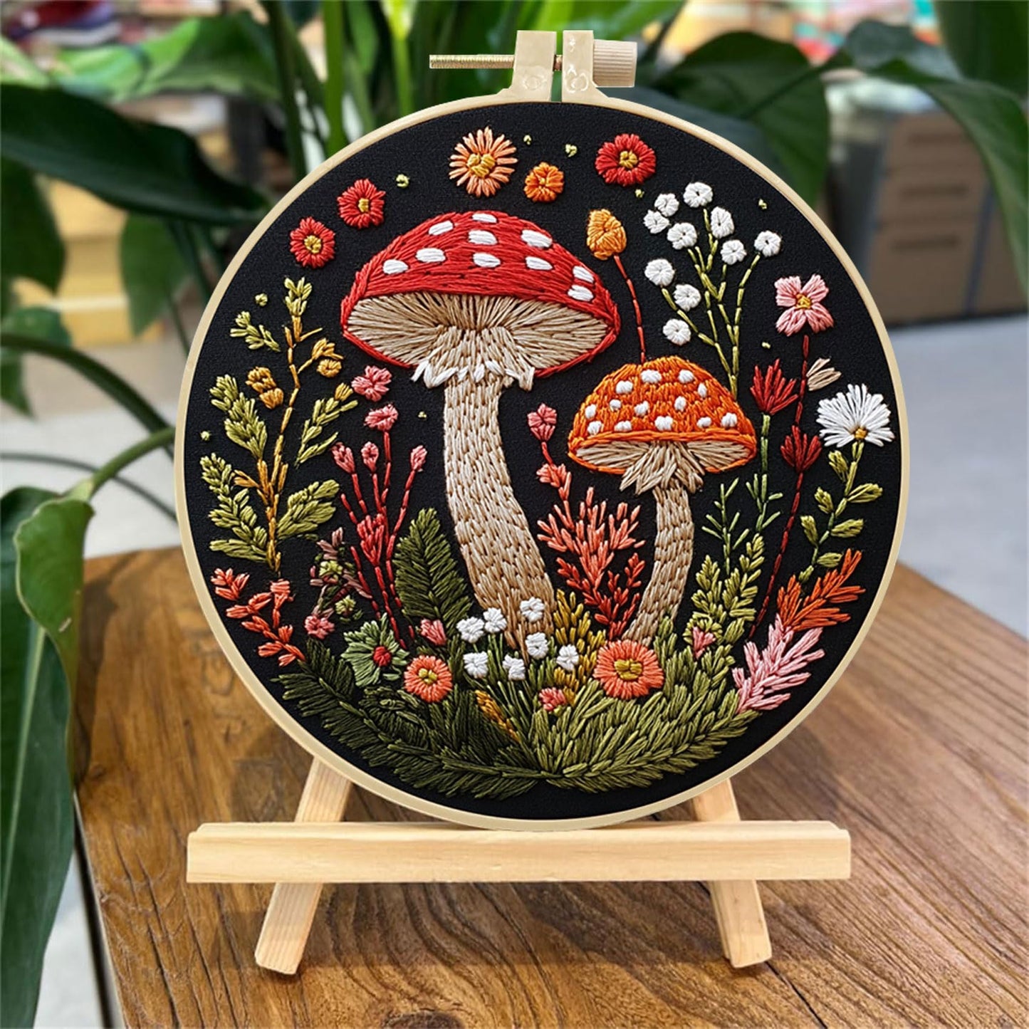 SCECALA 4 Pack Mushroom Embroidery Kit - Botanical Flower Floral Hand Embroidery Kit for Beginners with Pattern, Complete Cross Stitch Supplies DIY Craft for Adults Sewing Hobby, 1pc Hoops