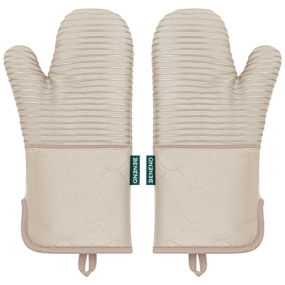 Beneno Kitchen Oven Mitts 2-Pack Heat Resistant to 500°F with Non-Slip Silicone Grip, Extra Long 14.3" Forearm Protection, Soft Quilted Cotton Terry Lining, Ideal for Cooking, Baking, Grilling, Beige