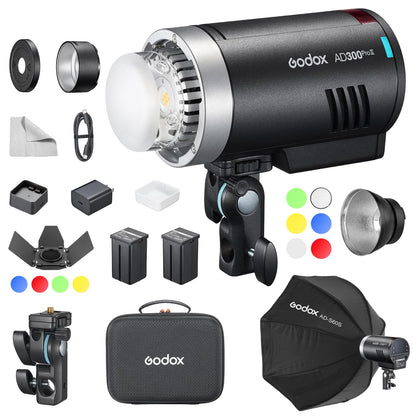GODOX AD300Pro II AD300 Pro II TTL HSS Studio Outdoor Strobe Flash Monolight Kit with AD-S60S Softbox, WB300P Battery, AD-R14 Standard Reflector and BD-10 Barn Door Set