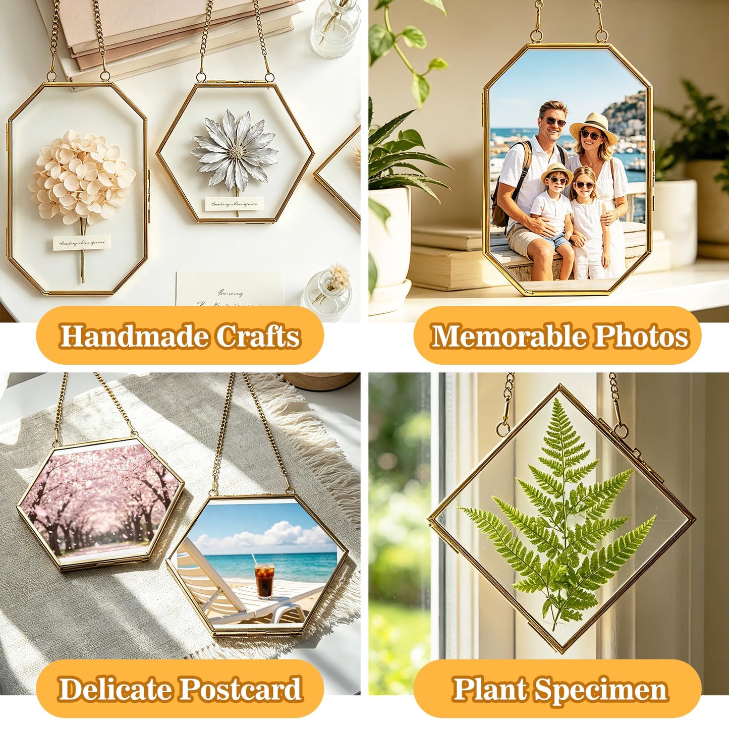 Apipi Pressed Flower Frame Gifts for Mom, Hanging Glass Frames for Crafts Photo Picture Display, Sturdy Chain Floating Wall Art for Home Decor, 3 Pcs