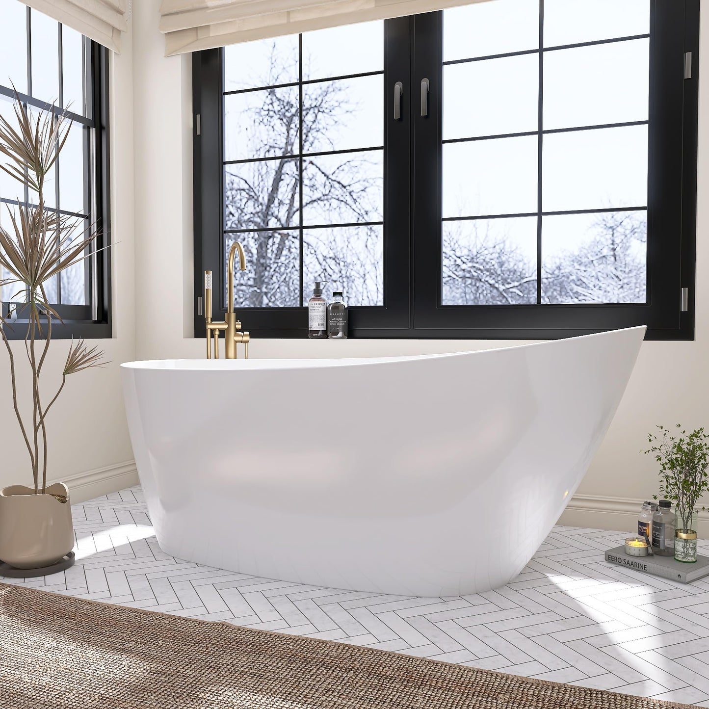 59" Free Standing Tub, Pure Acrylic Freestanding Bathtub, Stylish Stand Alone Contemporary Deep Soaking Bath Tub, cUPC Certified SY9950 (Glossy White)
