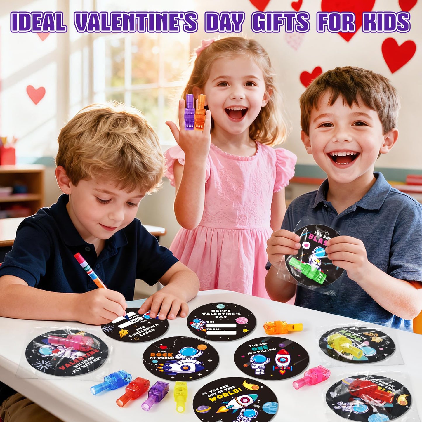 SpringFlower Valentines Day Gifts for Kids, 28 Pack Valentines Day Cards for Kids School with LED Finger Lights Toys, Valentines Day Gards for Classroom Exchange, Party Favors Prizes for Kids