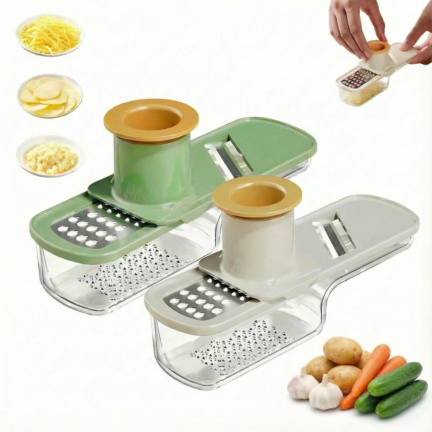 2Pcs 3 in 1 Mini Garlic Grinder, Multifunctional Garlic Grater Ginger Vegetable Chopper, Handheld Kitchen Gadget with Container & Safety Guard for Camping Picnic Cooking