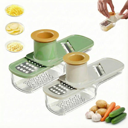 2Pcs 3 in 1 Mini Garlic Grinder, Multifunctional Garlic Grater Ginger Vegetable Chopper, Handheld Kitchen Gadget with Container & Safety Guard for Camping Picnic Cooking