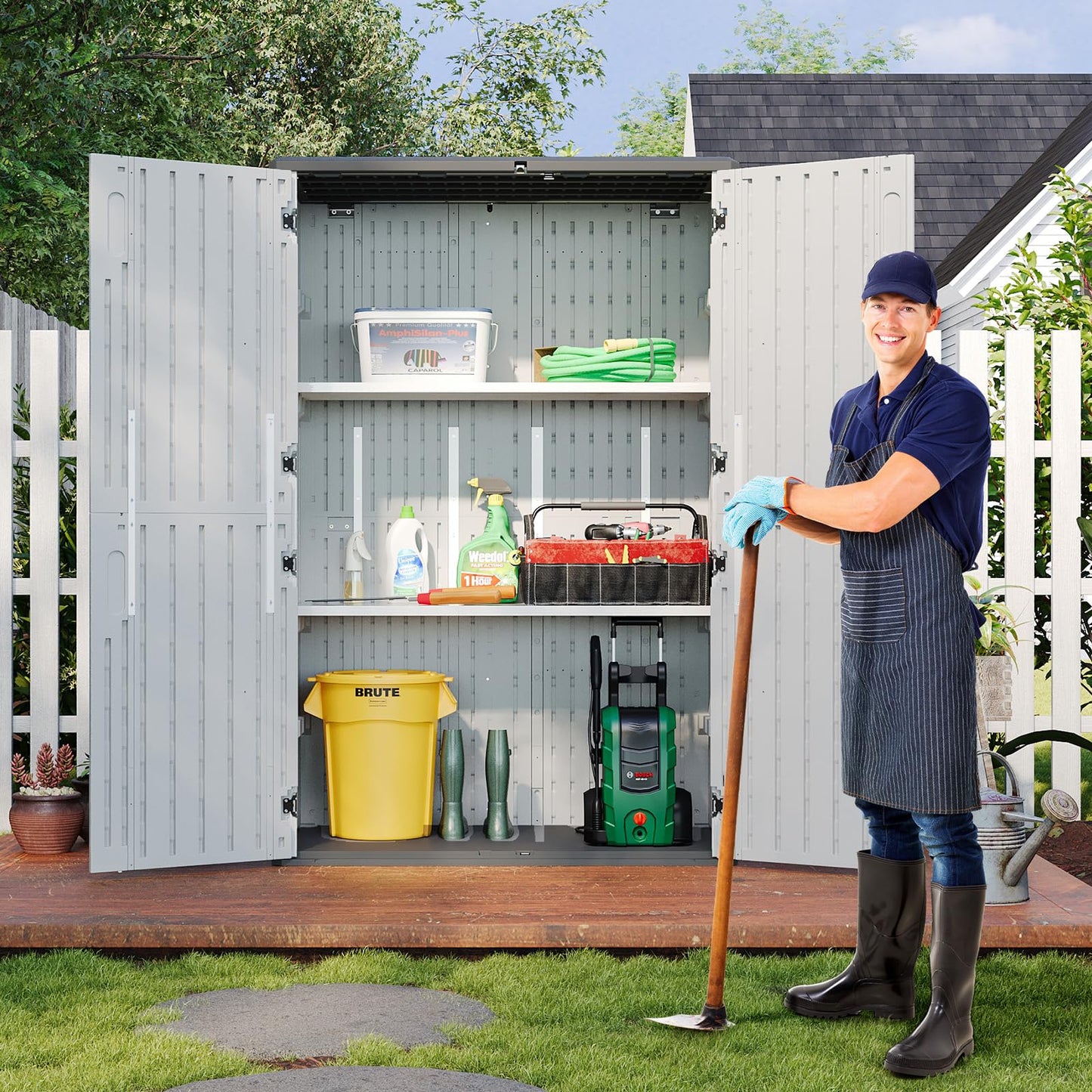 Aoxun White Resin Outdoor Storage Shed with 2 Shelves & Floor, 64 Cu.Ft Vertical Waterproof Cabinet for Garage, Pool, Bike, Garden Tools, Patio Furniture