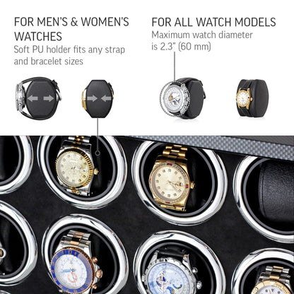 12 Watch Winder for Automatic Watches with LED Light and LCD Touchscreen Control (Burlwood + Beige)