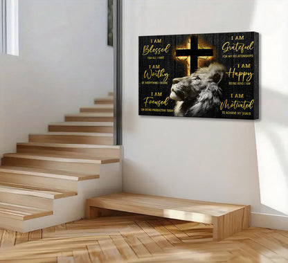 Motivational Lion Cross Canvas Wall Art Cross Christian Lion Wall Decor Pictures Painting Inspirational Affirmations Posters Prints Artwork for Living Office Home Decoration 12x16in