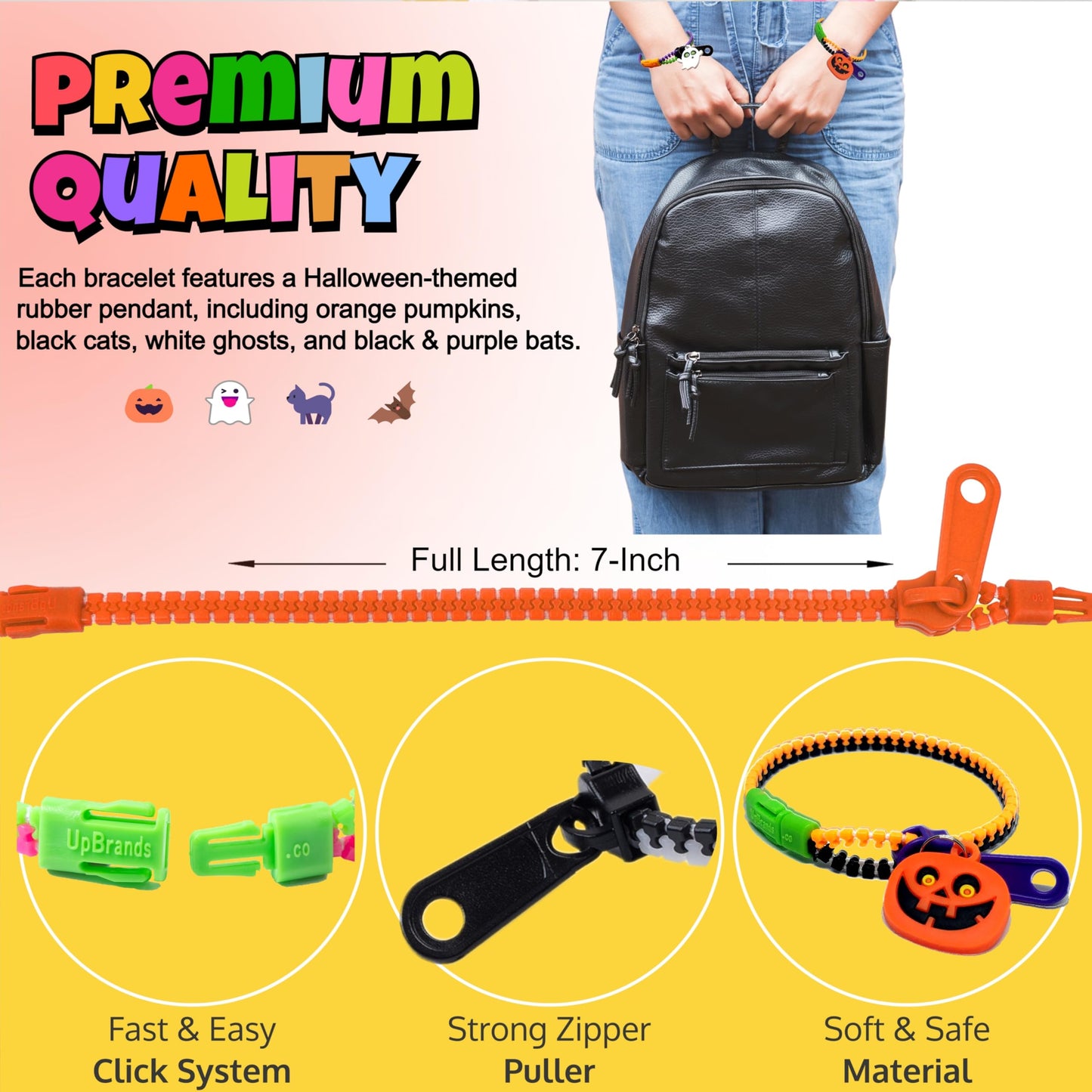 UpBrands 48-Pack Halloween Fidget Bracelets for Kids – Bulk Zipper Toys, Goodie Bag Fillers, Classroom Prizes, Halloween Party Favor Treats