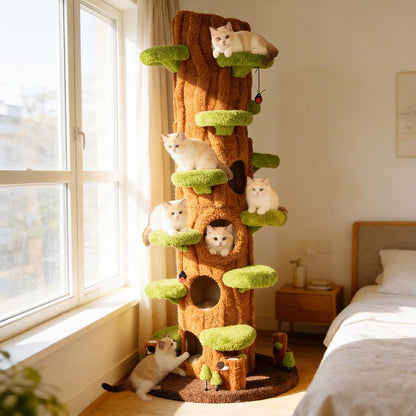 NUNU LAB 90.5 Inch Tall Cat Tree - Large Magic Forest Cat Tree Tower with Sisal Scratching Posts, Side Hideout & Platforms, Multi-Level Solid Wood Cat Condo with for Multi-Cat Homes (Large Green)