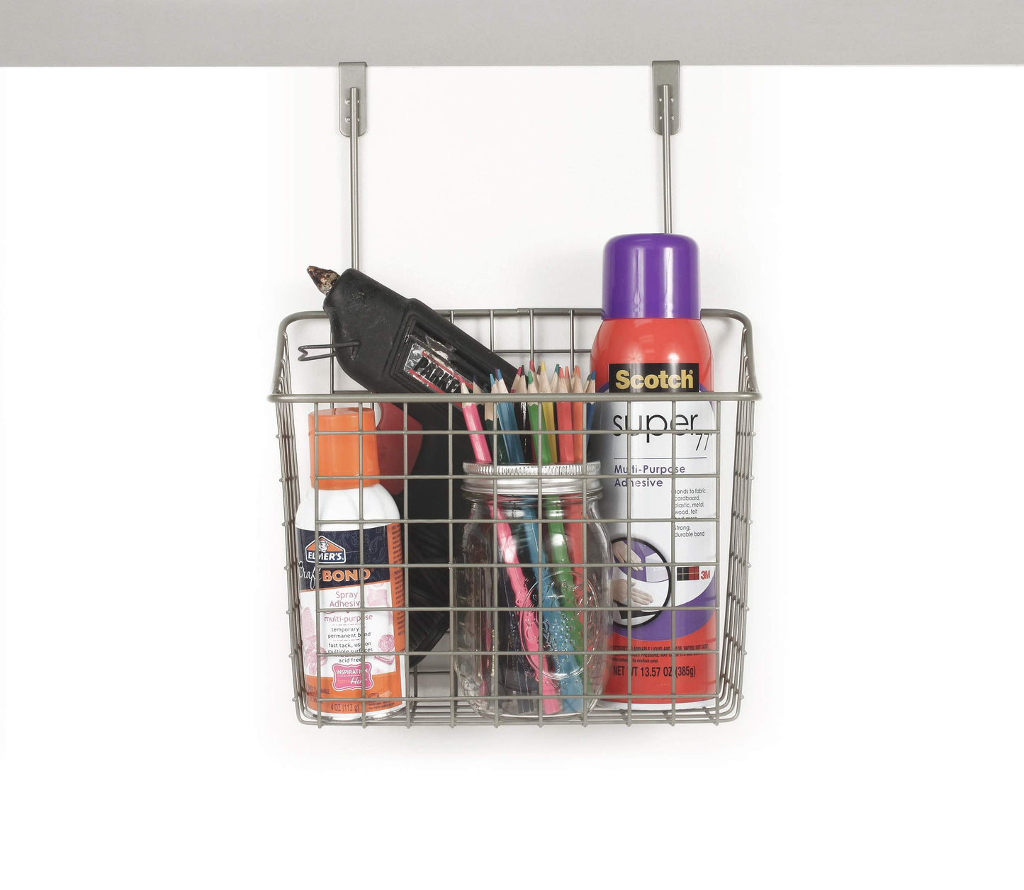 Spectrum Hanging Baskets for Organizing (Large, Satin Nickel) - Grid Over the Cabinet Wire Basket for Kitchen or Bathroom - Door Hanging Storage Organizer for Cleaning Supplies, Washcloths, & Towels