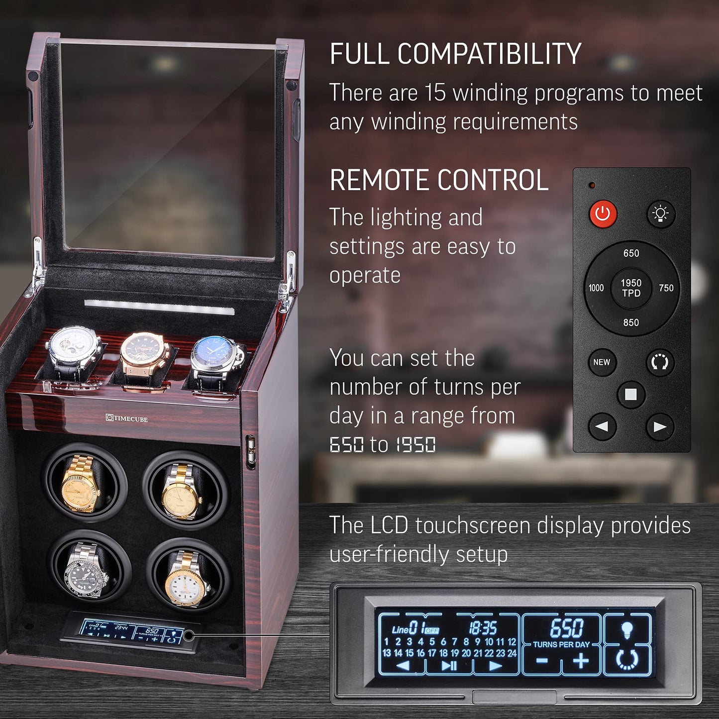 TIMECUBE Watch Winder for 4 Watches with 15 Winding Programs and 3 Watch Storage Slots (Ebony)