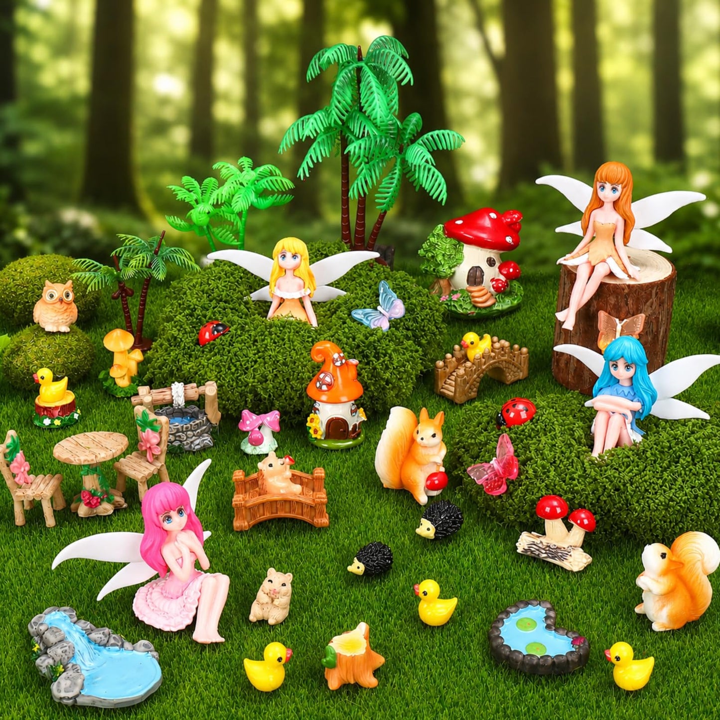 QAUYETM 40Pcs Fairy Garden Accessories Miniature Garden Ornaments Kit with Mini Animal Plant Fairies Furniture House Figures Bulk for Micro Landscape DIY Terrarium Potted Plants Dollhouse Decor