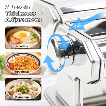 Pasta Maker Machine With 7 Adjustable Thickness Settings, Stainless Steel Manual Noodle Maker,Pasta Roller& Cutters With Removable Handle and Clamp For Kitchen