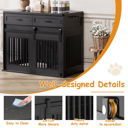 44.5''Large Dog Crate Furniture with 2 Storage Drawers,Heavy Duty Dog Kennel Indoor with Hook,Dog Kennel End Table TV Stand, Farmhouse Style Dog Crates with Sliding Barn for Medium/Large Dogs,Black