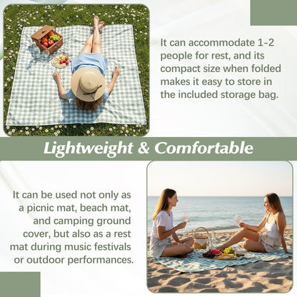 HunnmingRe Green Gingham Pocket Picnic Blanket with Storage Bag 55 x 60inch Packable Sandproof Waterproof Beach Mat Compact Washable Picnic Mat for Outdoor Hiking Camping Travel Outdoors