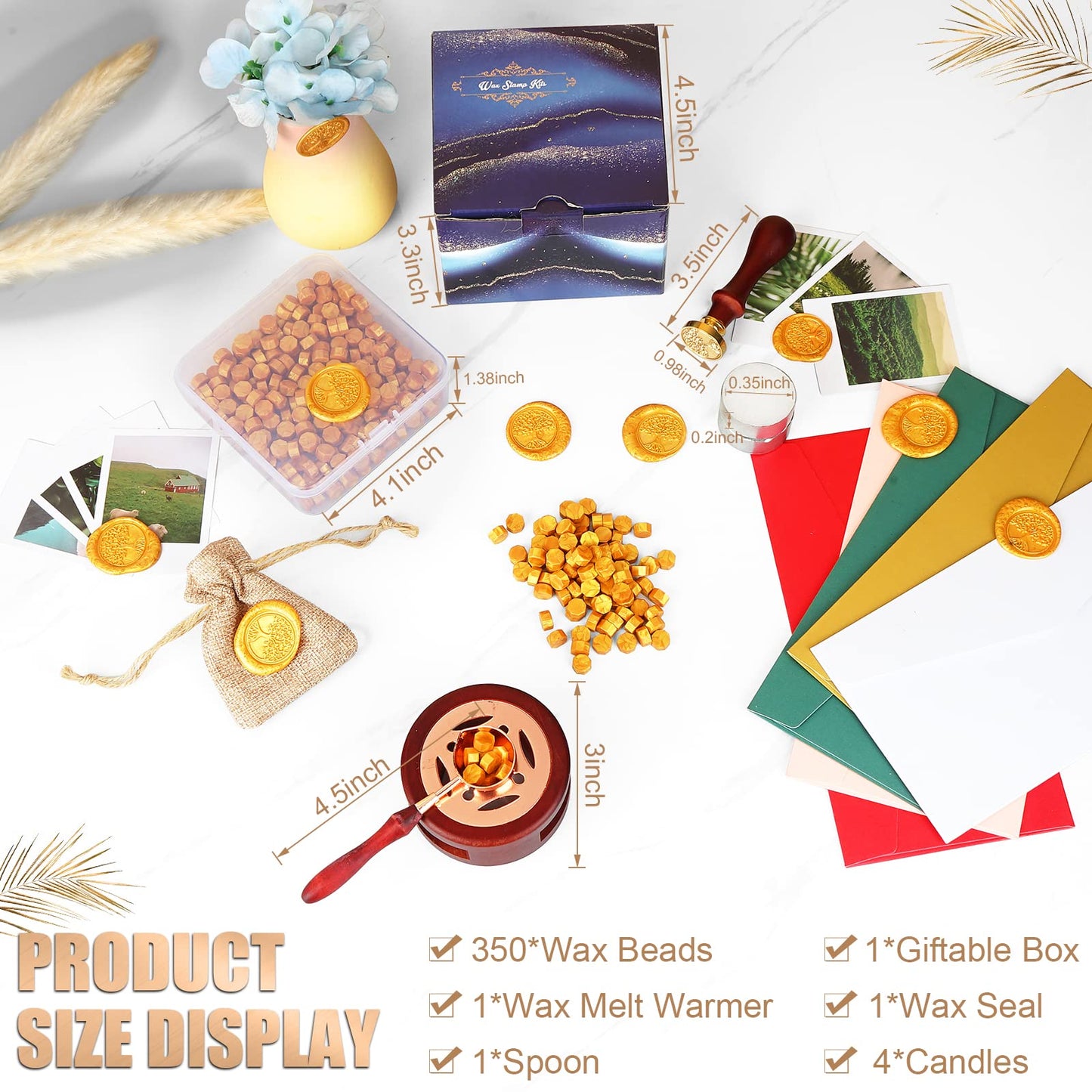 Yagugu Wax Seal Stamp Kit - 357Pc Set with Wax Beads, Seal Stamp, Warmer, Spoon, Candles for Vintage Envelopes & Letters - Gold