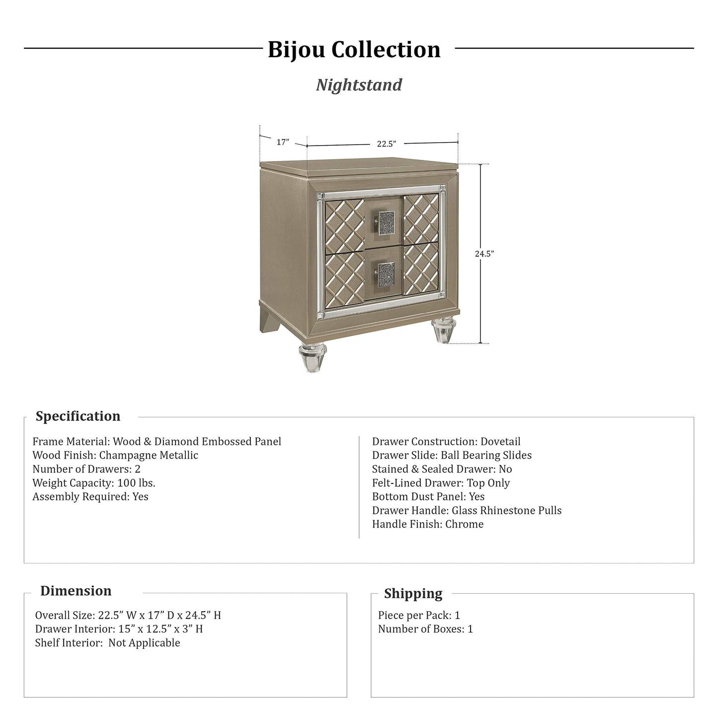 Lexicon Bijou Nightstand, Champagne