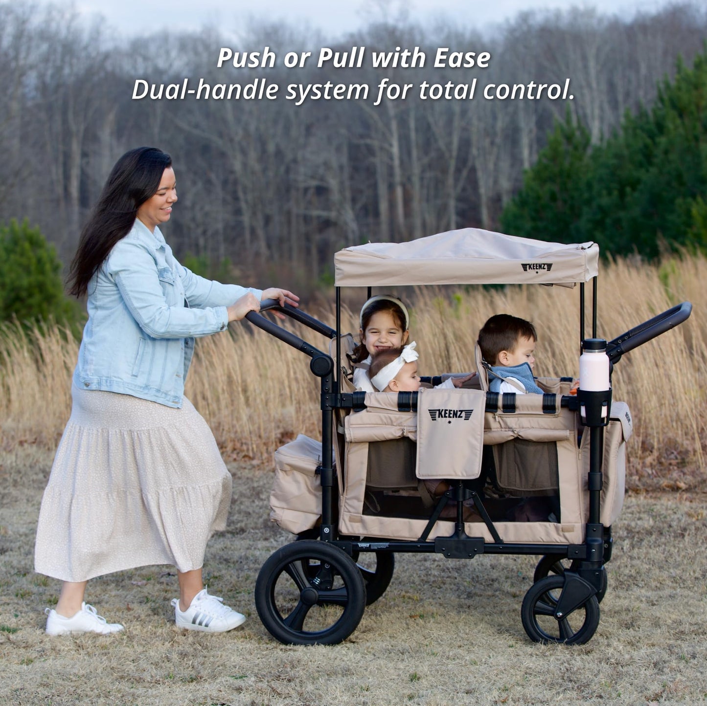 Keenz MOOV 4-Passenger All-Terrain Stroller Wagon with Reclining Seats, Built-in Cooler, Push/Pull Handle, Rubber Wheels, and Activity Tray – Foldable Wagon for Four Kids, Mocha