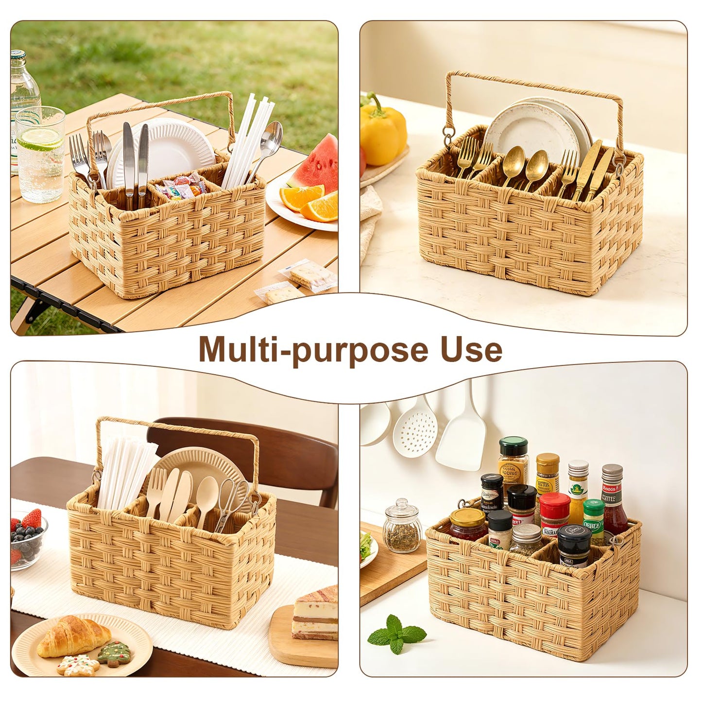Laveduso Wicker Utensil Caddy – Tabletop Utensil & Silverware Organizer with Handle, Multi-Use Cutlery and Condiment Holder, Kitchen Countertop Basket, Ideal for Parties, Picnics & Buffets