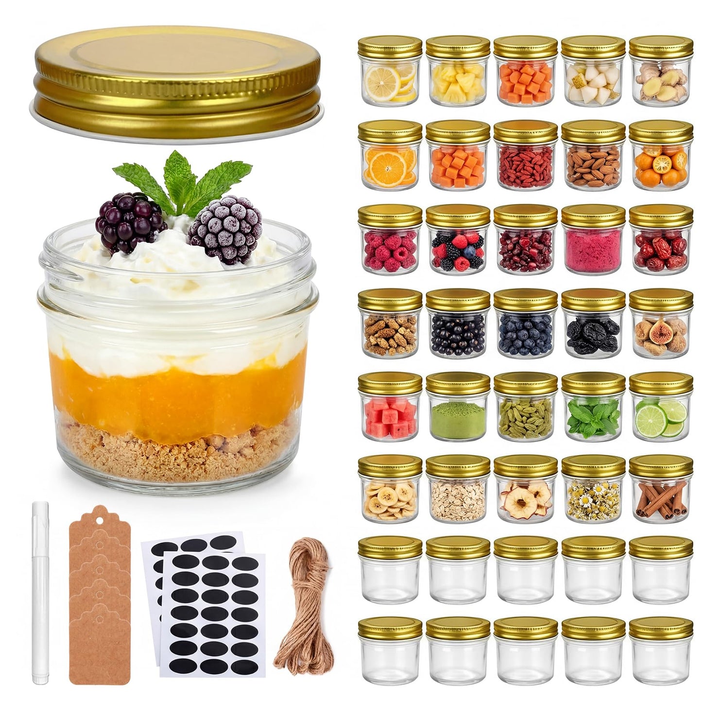 QAPPDA 4oz Glass Jars With Lids,Small Mason Jars Wide Mouth,Mini Canning Jars With Gold Lids For Honey,Jam,Jelly,Wedding Favor,Shower Favors,Spice Jars For Kitchen Storage & Home,Set of 40