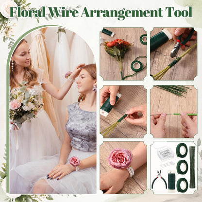 Poola Voidra Floral Arrangement Tools Floral Tape Wire Set Adhesive Glues Boutonniere Flower Pin Stem Cutter Elastic Pearl Wrist Corsage Band White Ribbon Kit for Wedding Corsage Supply Bouquet Craft