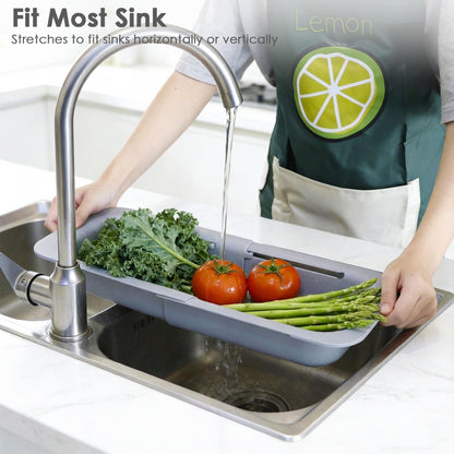 Extendable Colander Strainer Basket, Over the Sink Colander and Strainer for Kitchen, Wash Vegetables and Fruits, Drain Pasta and Dry Dishes, Adjustable Colander from 13.5In to 18.7In, Gray