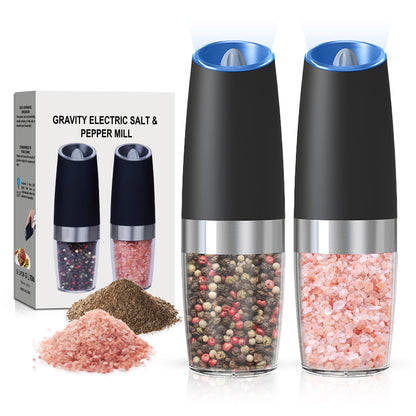 BELRIGO Battery Operated Salt And Pepper Grinder Set with LED Light, Automatic Electric Gravity Salt And Pepper Shakers Set, Each 6 AAA Batteries Needed, Adjustable Roughness, 2 Pack (Black)