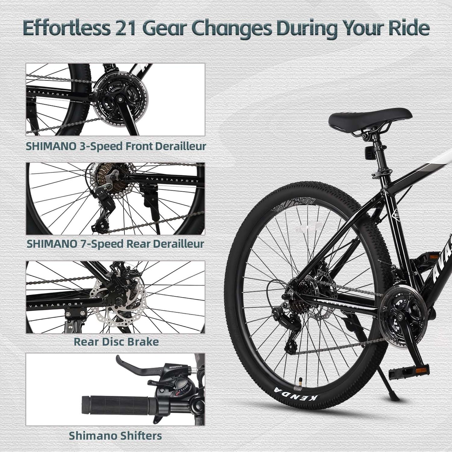 AVASTA 27.5-inch Mountain Bike for Man Male and Woman Female Adult with Lightweight Aluminum Alloy Frame and Dual Disc Brakes,Front Suspension,21-Speed Gear Shifters,Hidden Brake Cables,Color White