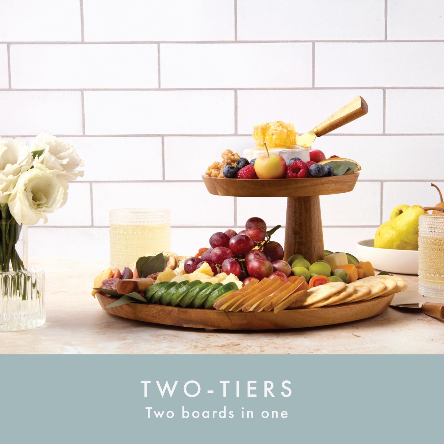 Grazerie Charcuterie Board Set - Round Acacia Cheese Board Tiered Tray Stand with Accessories - House Warming Gifts for New Home, Bridal Shower & Wedding Gift, Birthday Gifts for Women