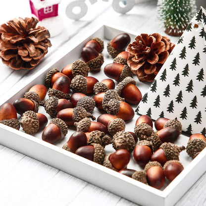 Pangda 120 Pcs Thanksgiving Artificial Acorns and Pine Cones, Christmas Small Fake Decorative Pinecones Ornaments Lifelike Simulation Small Acorn with Cap Vase Fillers for Craft Fall Xmas Decor
